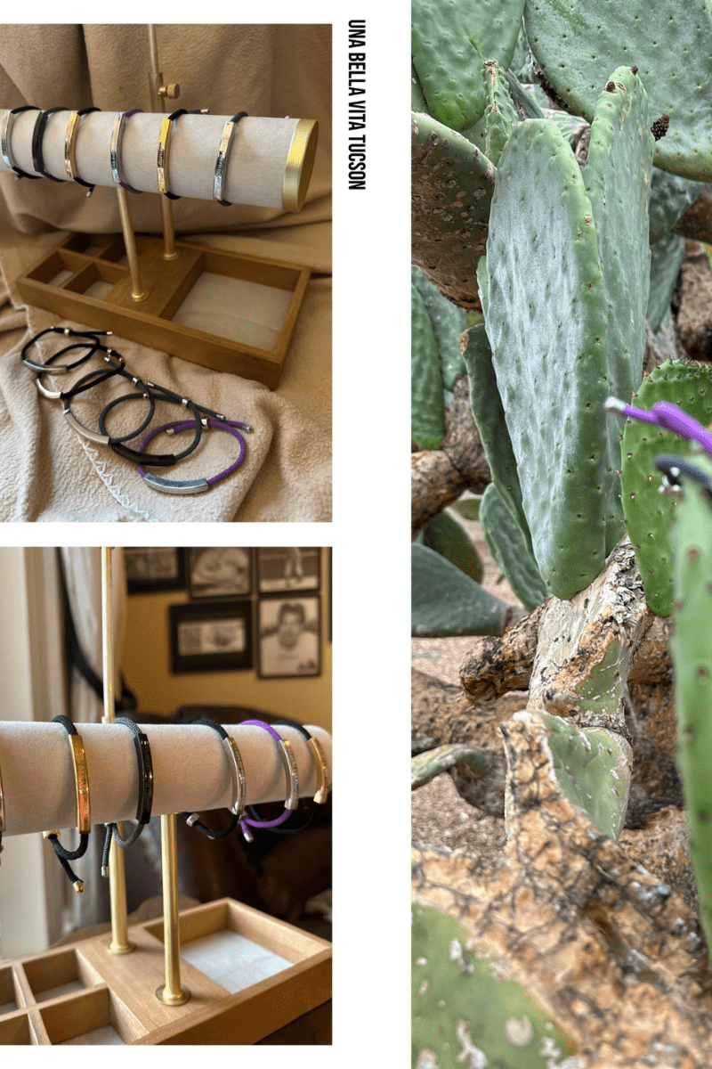 Images of bracelets hanging, and resting on cactus